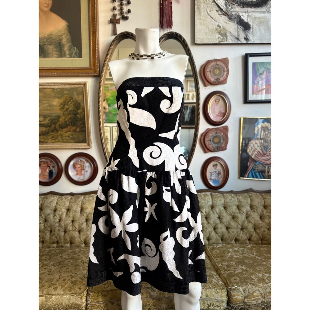 80s Silk Ocean Print Strapless Drop Waist Mini Dress Size 6